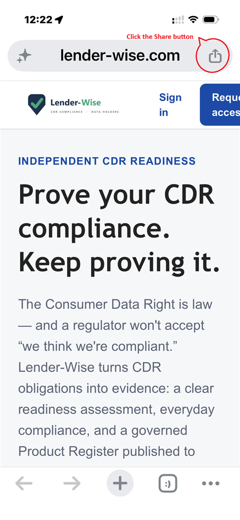 Safari showing lender-wise.com with the Share button circled in the address bar