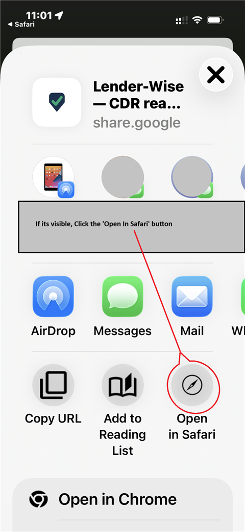 iOS share sheet with the Open in Safari button circled