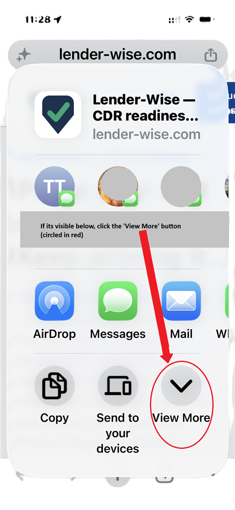 iOS share sheet with the View More button circled