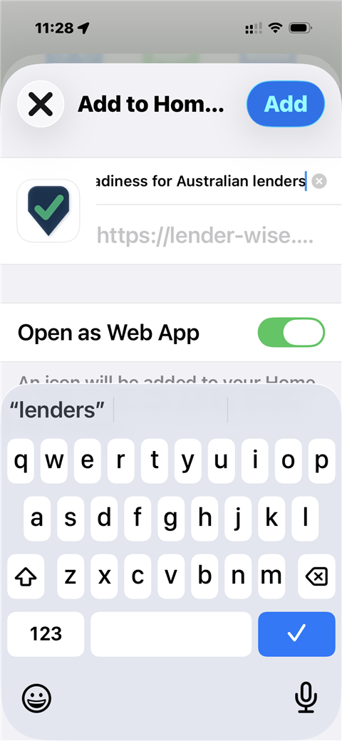 Add to Home Screen dialog with Open as Web App on and the Add button highlighted